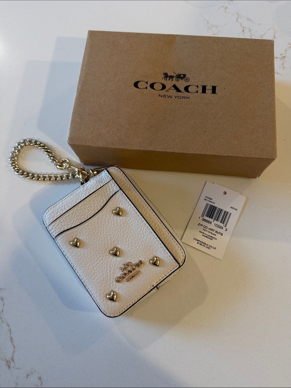 Coach White Pebbled Leather Card Case with Gold Heart Studs and Chain